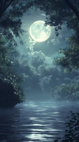 Moonlight drapes a misty jungle river in silver hush