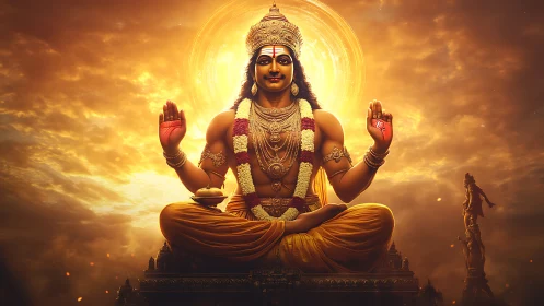 Radiant seated deity with halo in atmospheric digital aureole.