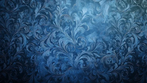 Ornate blue damask swirls create a cool, elegant backdrop