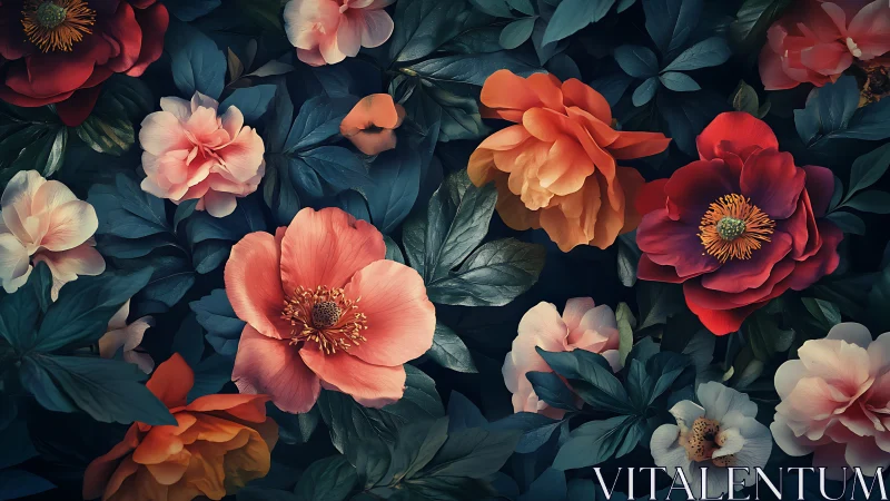 Garden's Jeweled Conversation Unfolds Against Deep Teal Darkness