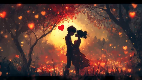 Silhouettes Kiss Under Burning Love Heart Trees.