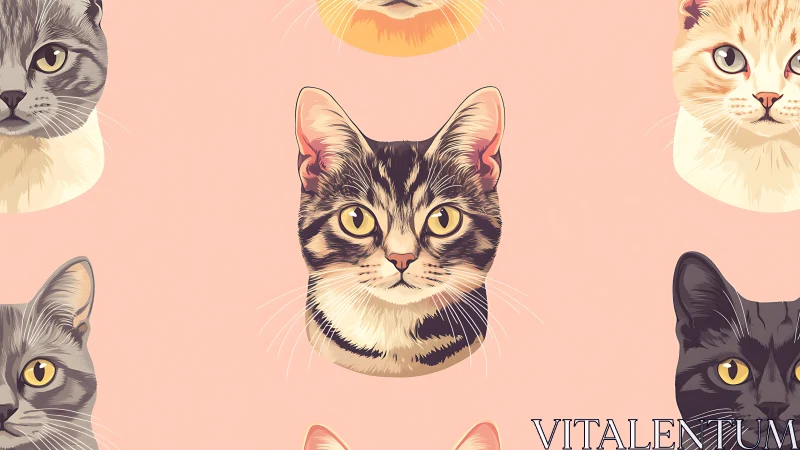 Feline Portrait Collection Against Soft Peach Background. Artistic Rendering.