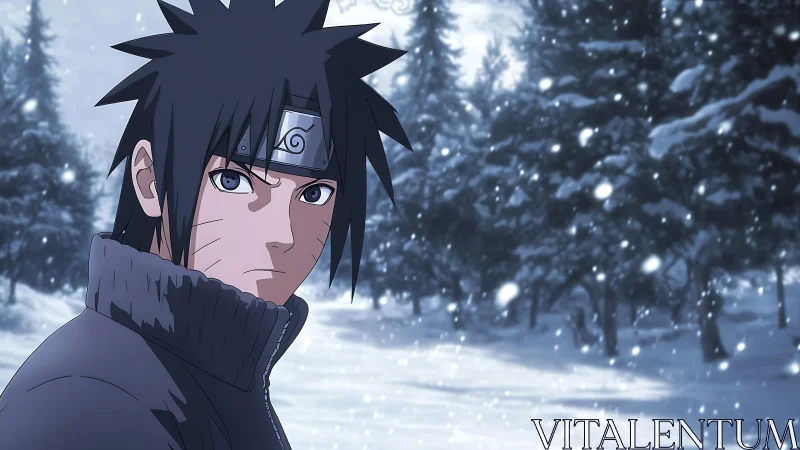 Anime ninja in winter forest, close portrait amid falling snow.