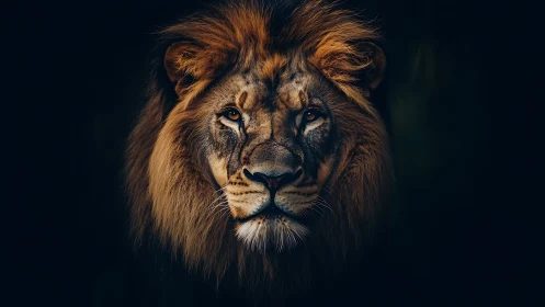 Majestic lion portrait emerges from deep shadowed darkness.