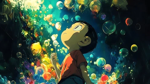 Child observing floating bubbles in luminous abstract space.