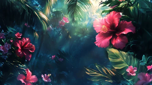 Luminous Hibiscus Garden Blooming in Mystical Tropical Light