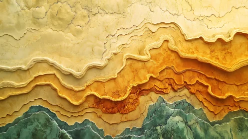 Layered abstract landscape in warm ochre and green tones.