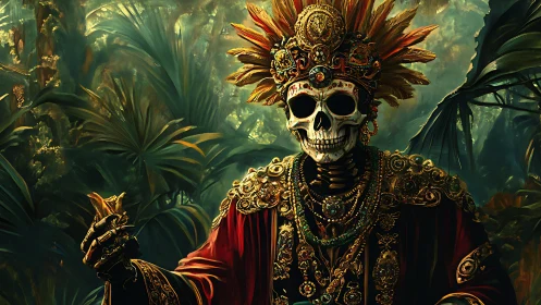 Regal skeletal figure in ornate attire within dense jungle.