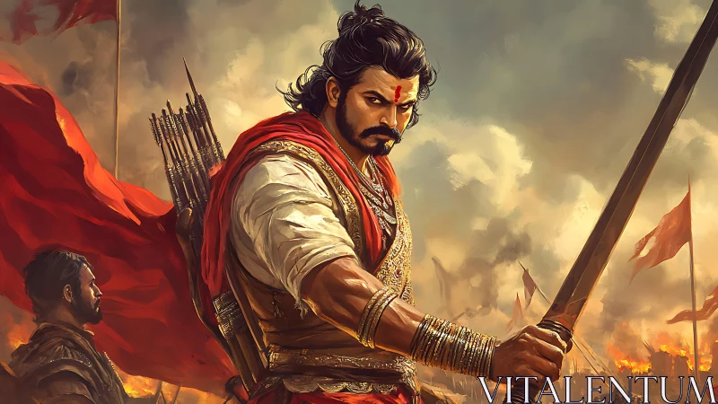 Warrior with sword stands in detailed battlefield environment