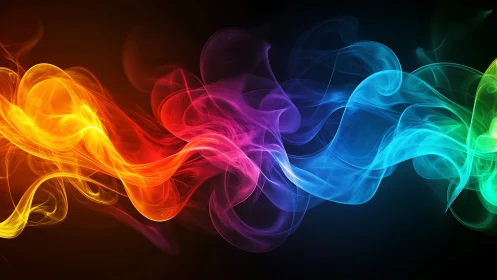 Multicolored luminous smoke waves on dark gradient background.