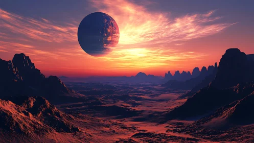 Sunlit alien valley under a glowing distant planet sky.