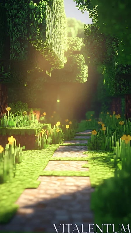 Voxel forest path with volumetric sunlight and bokeh depth