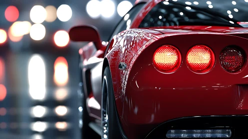 Scarlet street racer idling under neon city drizzle.