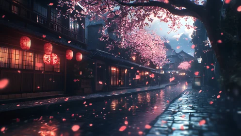 Lantern-lit sakura canal drifting through midnight hush.
