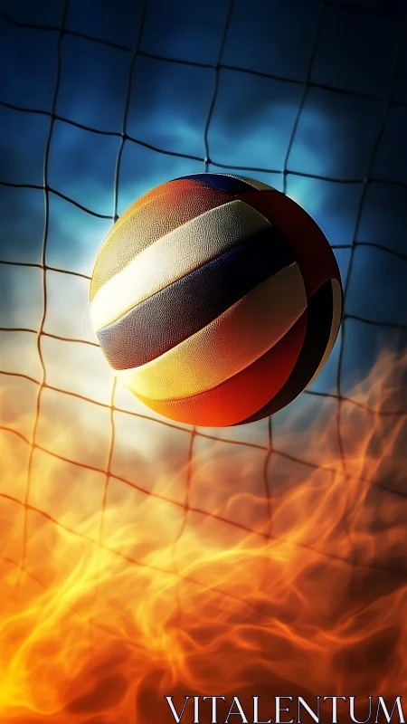 Volleyball soaring through net with fiery orange flames below.