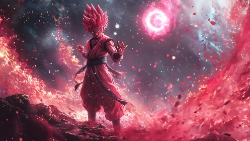 Celestial anime warrior channels red energy in eruptive vortex