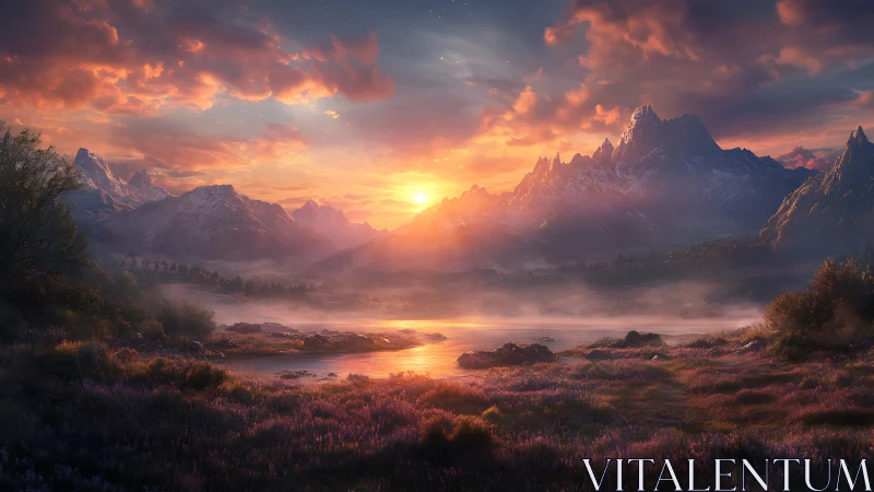 Sunset light ignites misty alpine lake between rugged peaks