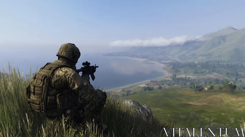 Soldier with rifle observing coastal valley from hillside.