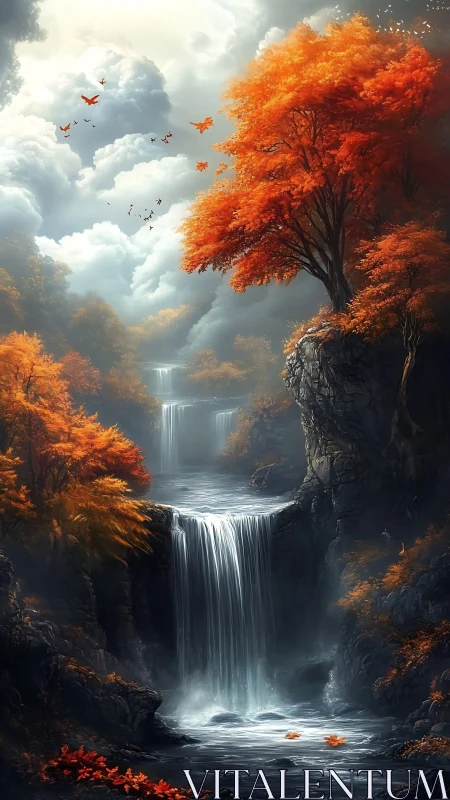 Autumn waterfall cascades through misty crimson forest