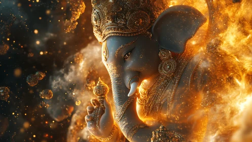 Elephant-headed deity figure is rendered in luminous 3D detail