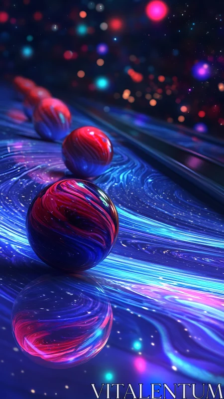 Luminous marbles drift through a neon cosmic river of light