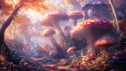 Giant fairy ring mushrooms guard a sunlit enchanted cottage.