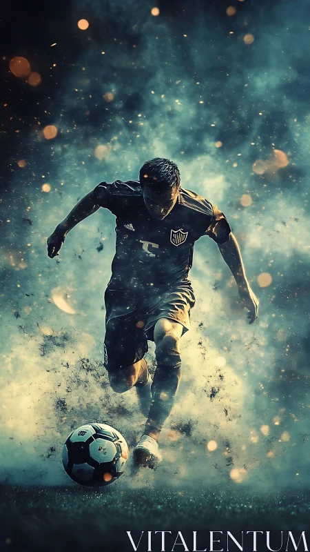 Soccer player sprints forward through smoke and sparks.