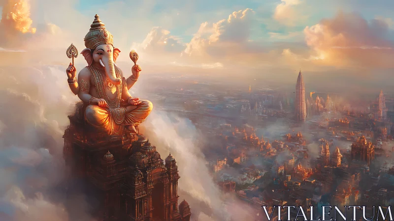 Divine Ganesh statue above luminous cloud-wrapped cityscape.