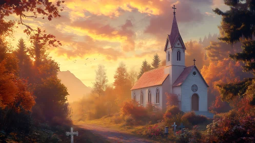 Autumn-lit mountain chapel within misty golden forest valley.