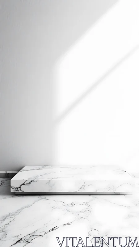 Marble display plinth under hard daylight in minimal interior.