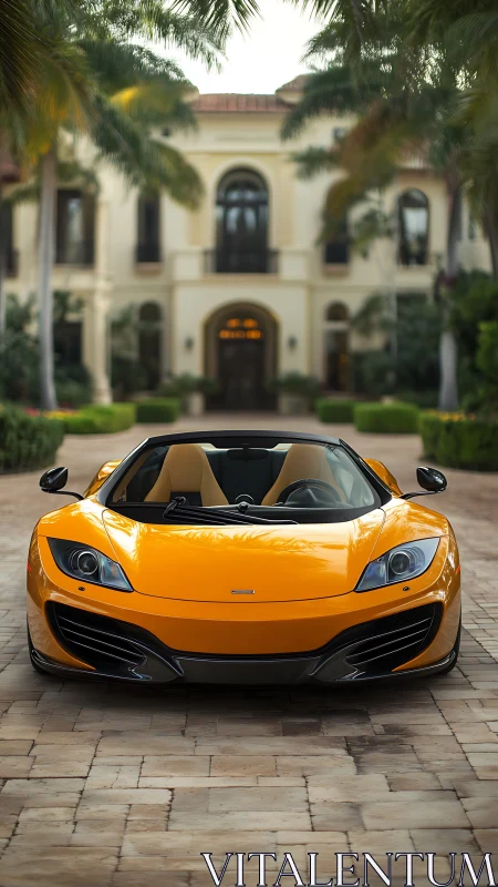 Golden supercar sunbathing before a palm-framed mansion.