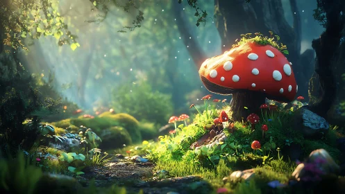 Volumetric lit toadstool clearing shows stylized 3D forest microhabitat