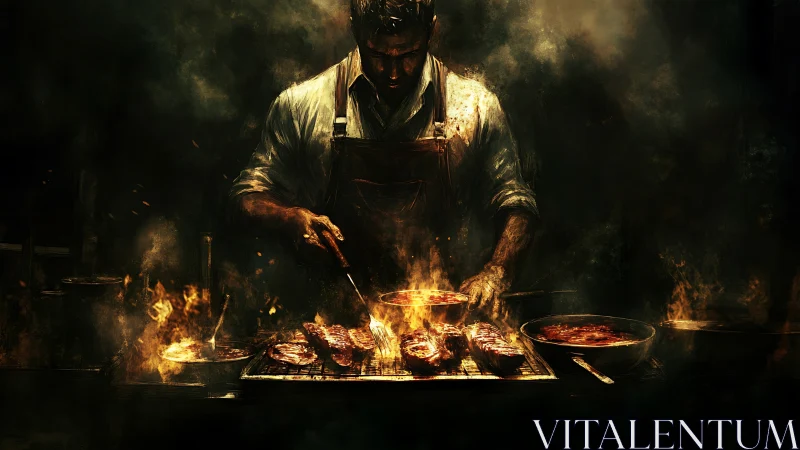 Grill master sears steaks over roaring cinematic flames.