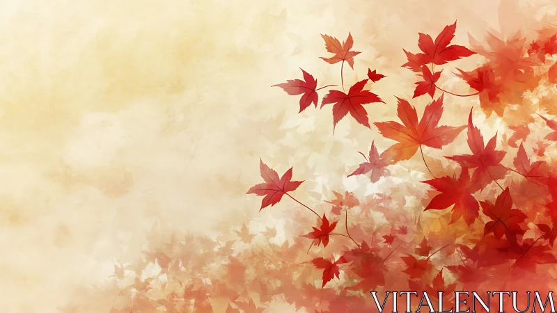 Red autumn maple leaves on soft beige abstract background.