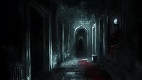 Shadowed corridor with cloaked figure and bleeding portrait.