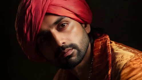 Portrait with red turban under warm dramatic lighting.