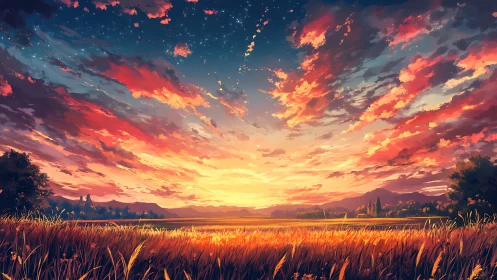 Sunset sky over rural field with distant tree line and hills.