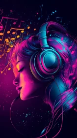 Dreamy neon girl lost in music and glowing color.