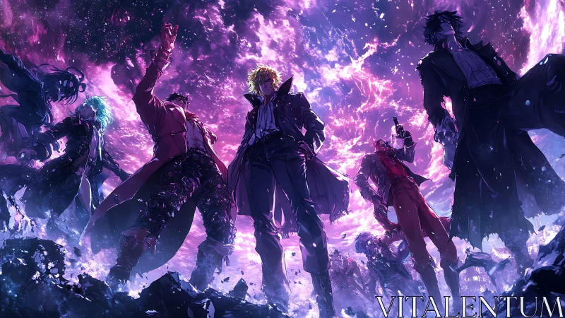 Storm-forged misfits stride from a cosmic violet impact