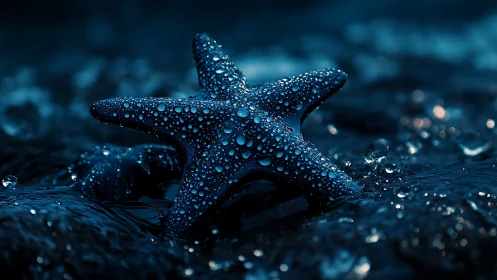 Macro study of wet blue starfish with high-contrast water bokeh