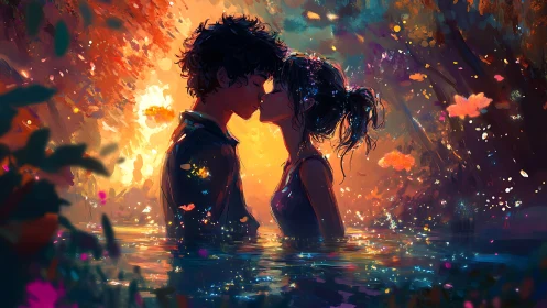 Two figures in water beneath luminescent atmospheric phenomenon.