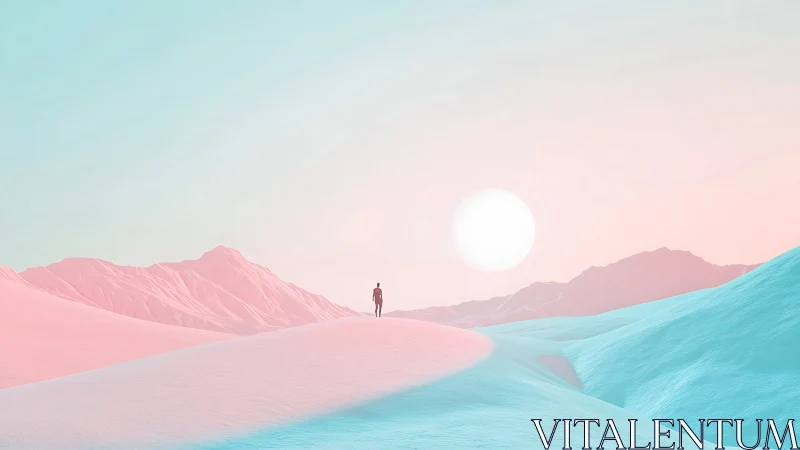 Solitary figure crossing pastel dunes under luminous sun.