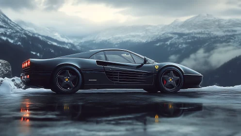 Sleek black sports car resting on a calm winter mountain road.