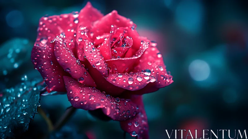 Crimson Rose Jeweled in Droplets Against Teal Depths.