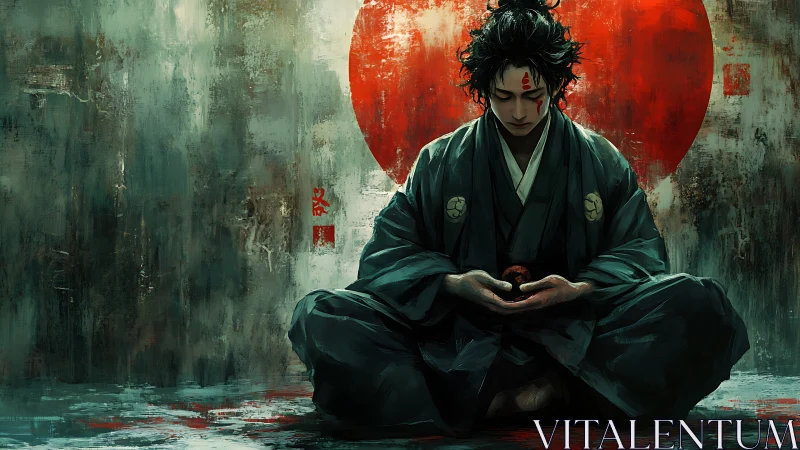 Meditative samurai frontally aligned with abstract sun field.