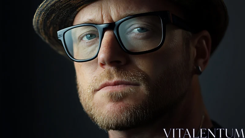 Low-key close-up portrait of bearded man in thick black glasses