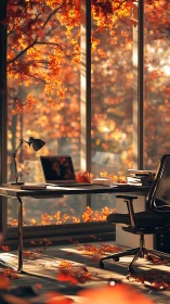 Autumn-lit glass office with backlit foliage and shallow depth