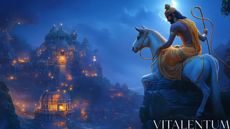 Divine rider overlooking luminous mythic temple city at night.