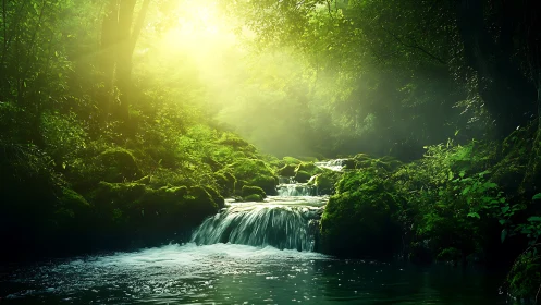 Forest Stream with Waterfall and Golden Sunlight.