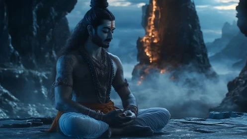 Serene mystic in meditation amid glowing mountain night.